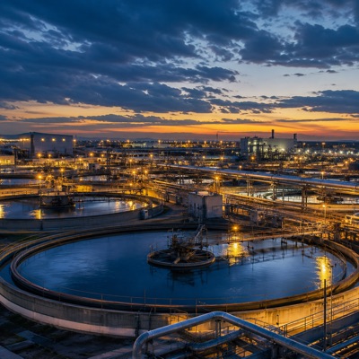 Estação de tratamento de efluentes industriais com tanques de decantação ao entardecer