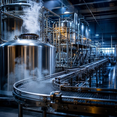 Linha de processamento alimentício em aço inoxidável com vapor e iluminação industrial
