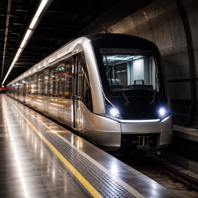 Vista frontal de trem de metrô moderno em estação iluminada